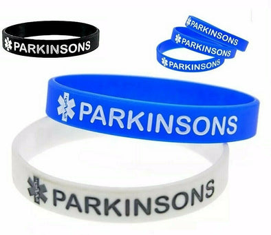 Parkinsons awareness silicone wristbands in black, blue and white