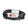 Havana personalised black leather and stainless steel medical alert bracelet with sliding magnetic clasp