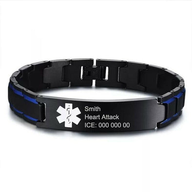 Ripley medical alert bracelet in black with petrol blue accents down the strap, showing a personalised tag.