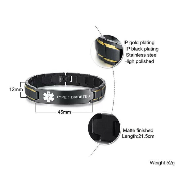 Size guide for the Ripley medical alert bracelet, showing the black model with metallic gold accents down the strap.