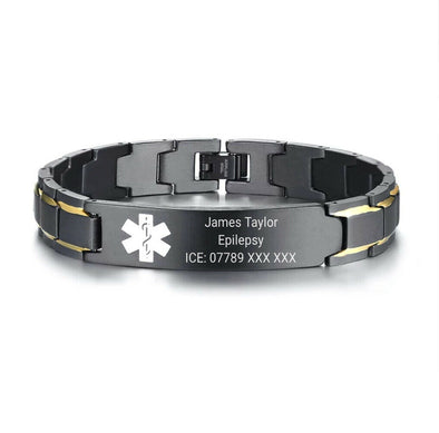 Ripley gold stainless steel medical alert bracelet with a personalised engraved tag.