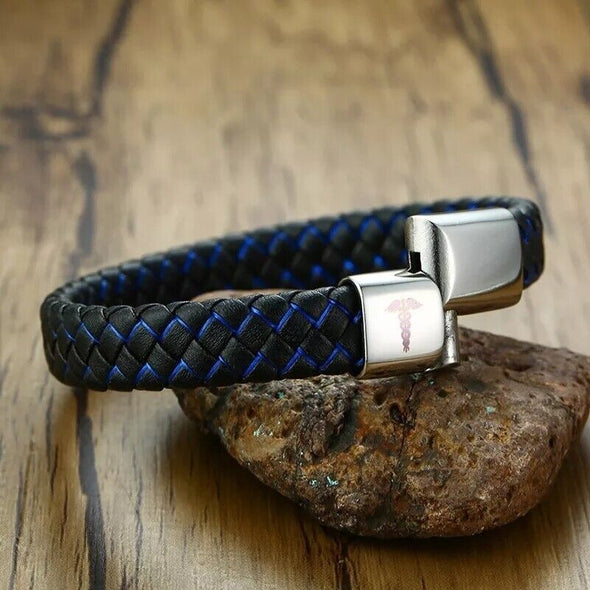 Riptide microfibre leather and stainless steel medical alert bracelet showing the opened sliding clasp.