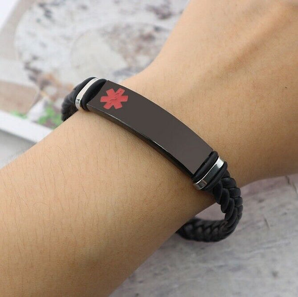 Customisable Savannah faux leather and stainless steel medical alert bracelet with red symbol on male model's wrist