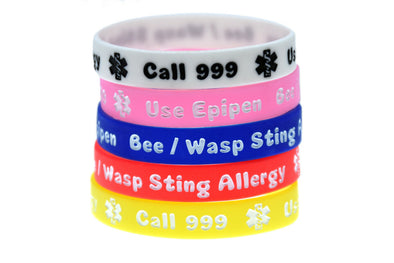 Bee / Wasp Sting Allergy Use Epipen Medical Alert Silicone Wristbands