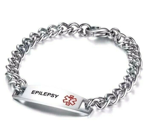 Silver Epilepsy stainless steel medical alert bracelet customisable to engrave on the reverse