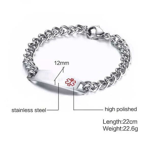 Silver Epilepsy stainless steel medical alert bracelet specification and dimensions