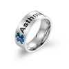 Silver stainless steel asthma medical alert ring with a blue Staff of Asclepius symbol. 
