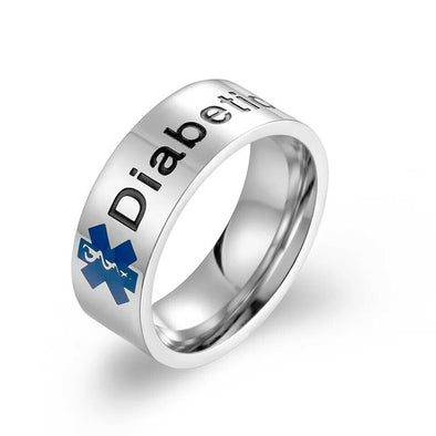 Diabetic silver stainless steel medical alert ring with blue Staff of Asclepius
