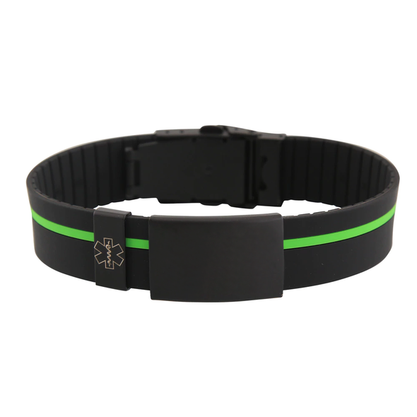 Sports Plus+ silicone and stainless steel medical alert bracelet black with green stripe