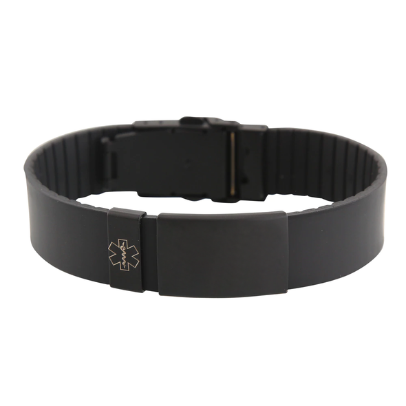 Sports Plus+ silicone and stainless steel medical alert bracelet black with black tag.