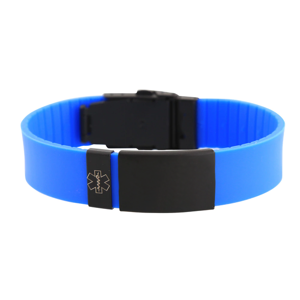 Sports Plus+ silicone and stainless steel medical alert bracelet blue with black tag.