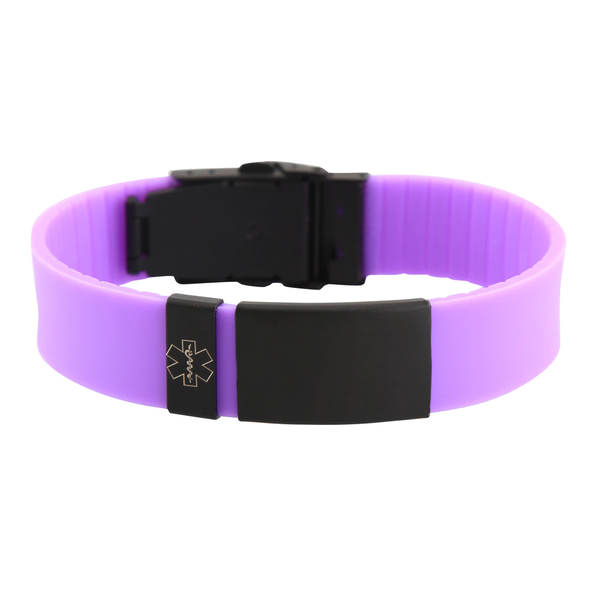 Sports Plus+ silicone and stainless steel medical alert bracelet purple with black tag