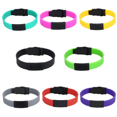 Sports Plus Kids range of silicone and stainless steel medical alert bracelets in turquoise, pink, yellow, black, green, grey, red and purple.