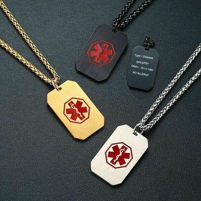 Squadron dog tag style medical alert necklaces in black, gold and silver.