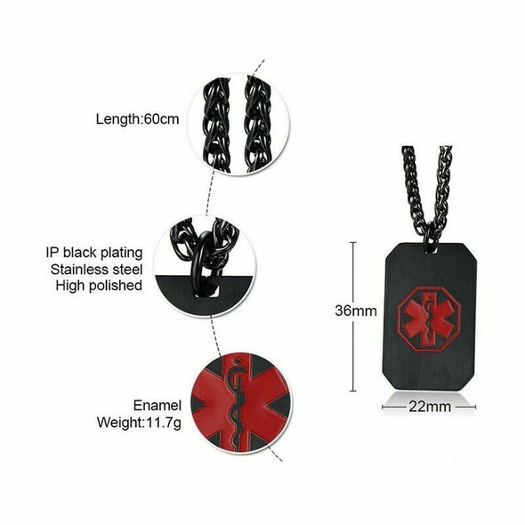 Squadron black dog tag style medical alert necklace dimensions and specification.