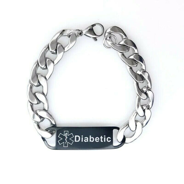 Diabetic black tag stainless steel medical alert chain link bracelet