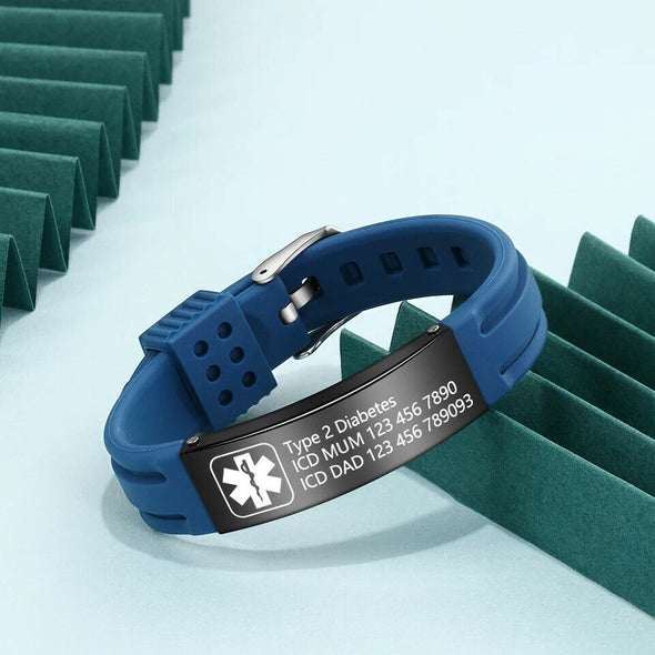 Tactical blue silicone and black stainless steel medical alert bracelet with engraving sample