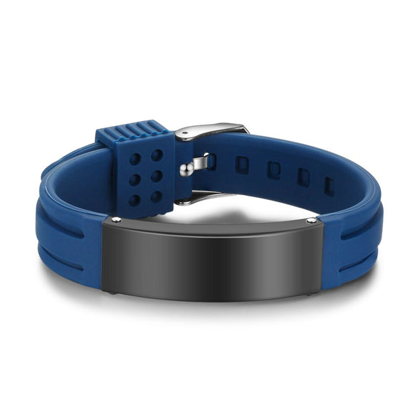 Tactical blue silicone and black stainless steel medical alert bracelet blank for engraving
