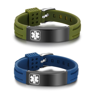 Tactical green and blue silicone and stainless steel medical alert bracelets blank for engraving.