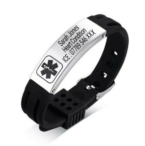 Tactical Mono black silicone and stainless steel medical alert bracelet personalised with an engraving