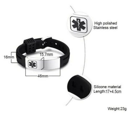 Tactical Mono black silicone and stainless steel medical alert bracelet size and dimensions graphic