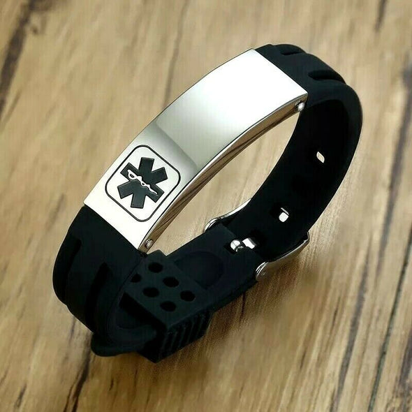 Tactical Mono black silicone and stainless steel medical alert bracelet blank ready for engraving.