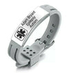 Tactical Mono grey silicone and stainless steel medical alert bracelet with a personalised engraving example.