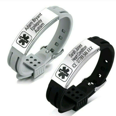 Tactical Mono silicone and stainless steel medical alert bracelets personalised with an engraving