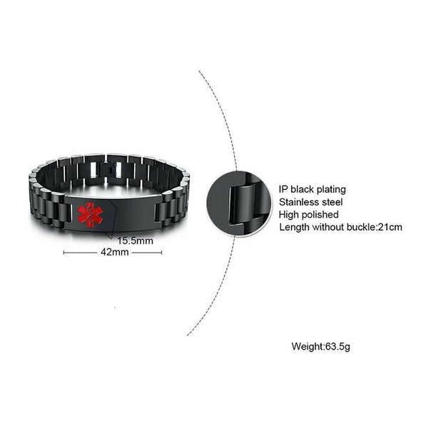 Titan black stainless steel medical alert bracelet dimensions graphic