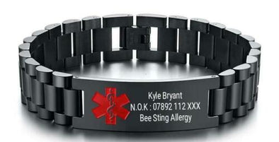 Titan black stainless steel medical alert bracelet personalised.