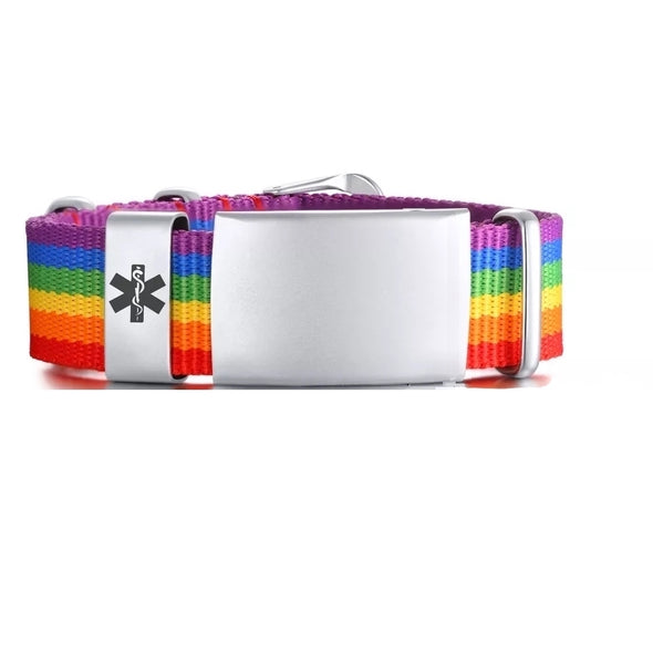 Toronto nylon and stainless steel customisable medical alert bracelet with a silver tag and rainbow coloured strap.
