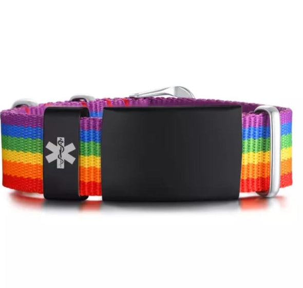 Toronto nylon and stainless steel customisable medical alert bracelet with a rainbow strap and black tag.
