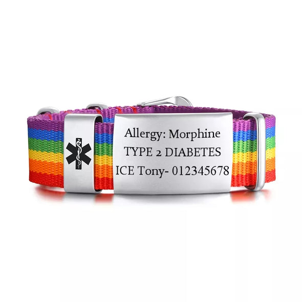 Toronto nylon and stainless steel customisable medical alert bracelet with a rainbow strap and silver personalised tag.