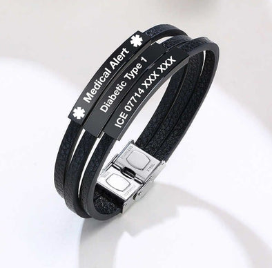 Tripeak leather and stainless steel multi-layered medical alert bracelet personalised