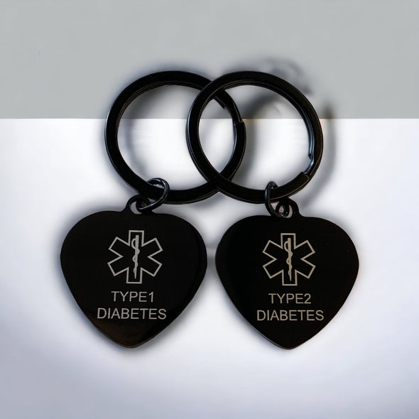 Customisable Type 1 and Type 2 Diabetes black heart medical alert keyrings white background