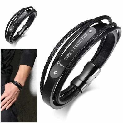 Type 1 and Type 2 Multi-Layered Leather Diabetes Medical Alert Bracelets 
