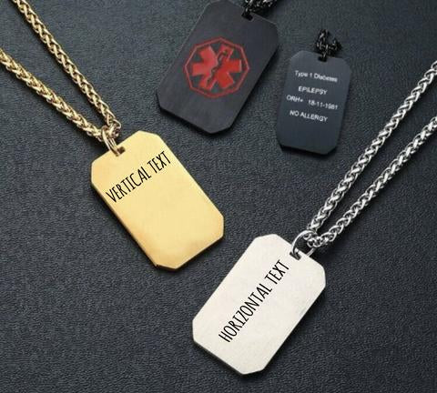 Horizontal and vertical text direction for dog tag medical alert necklaces