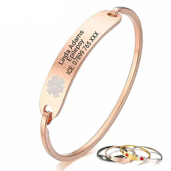 Valencia stainless steel medical alert bangle shown personalised and in various colours.