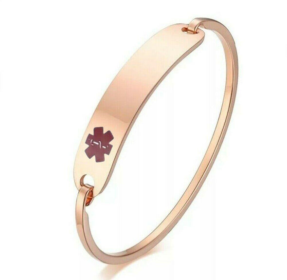 Valencia stainless steel medical alert bangle in rose gold and red medical symbol