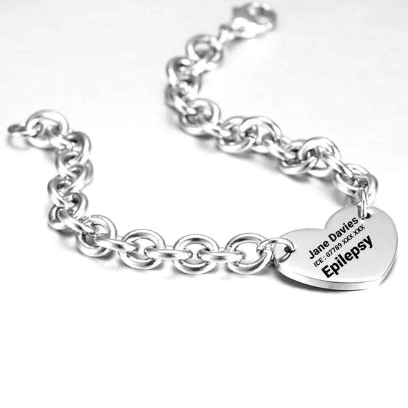 Venice II stainless steel medical alert bracelet with an engrave-able heart pendant charm.