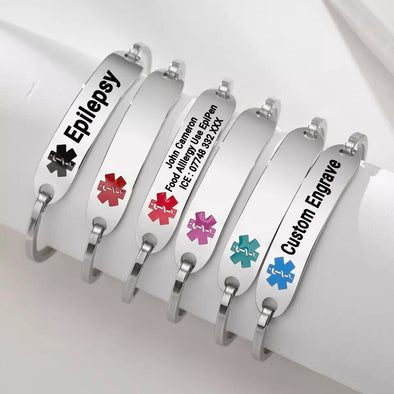Vistini range of silver stainless steel medical alert bracelets with multi-coloured medical symbols