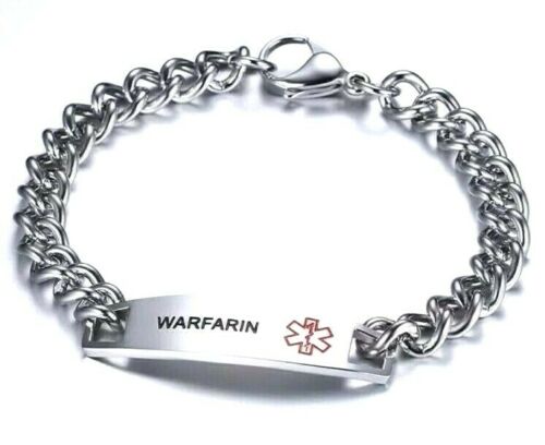 Warfarin stainless steel medical alert bracelet, customisable on the reverse