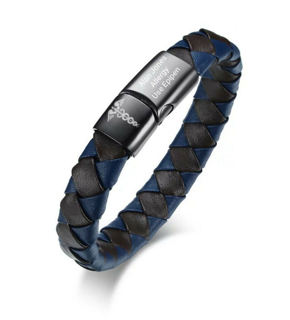 Customisable Wave leather and black stainless steel medical alert bracelet personalised with an engraving