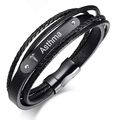 Asthma multi-layered leather medical ID bracelet with magnetic sliding clasp