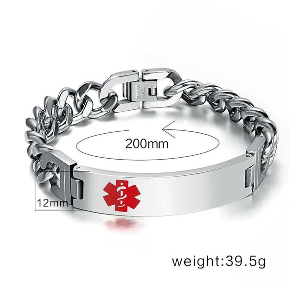 Customisable silver Banks stainless steel medical alert bracelet size diagram and weight